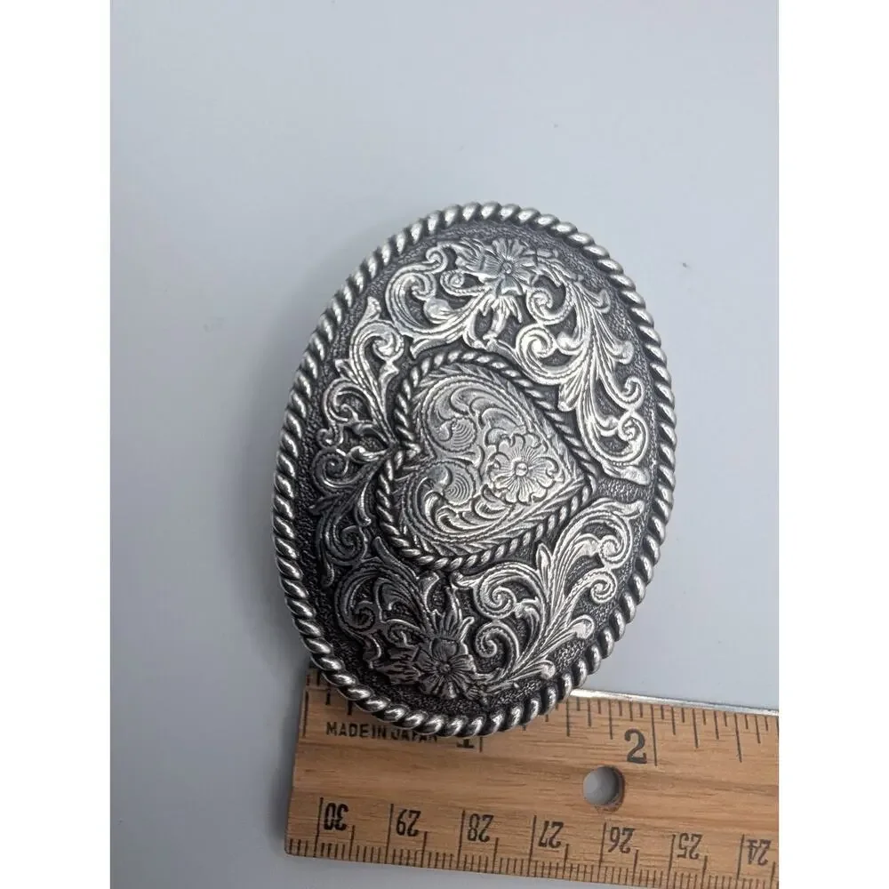 Vintage Oval Engraved Floral Scroll Rope Edge Western Belt Buckle Silver Tone